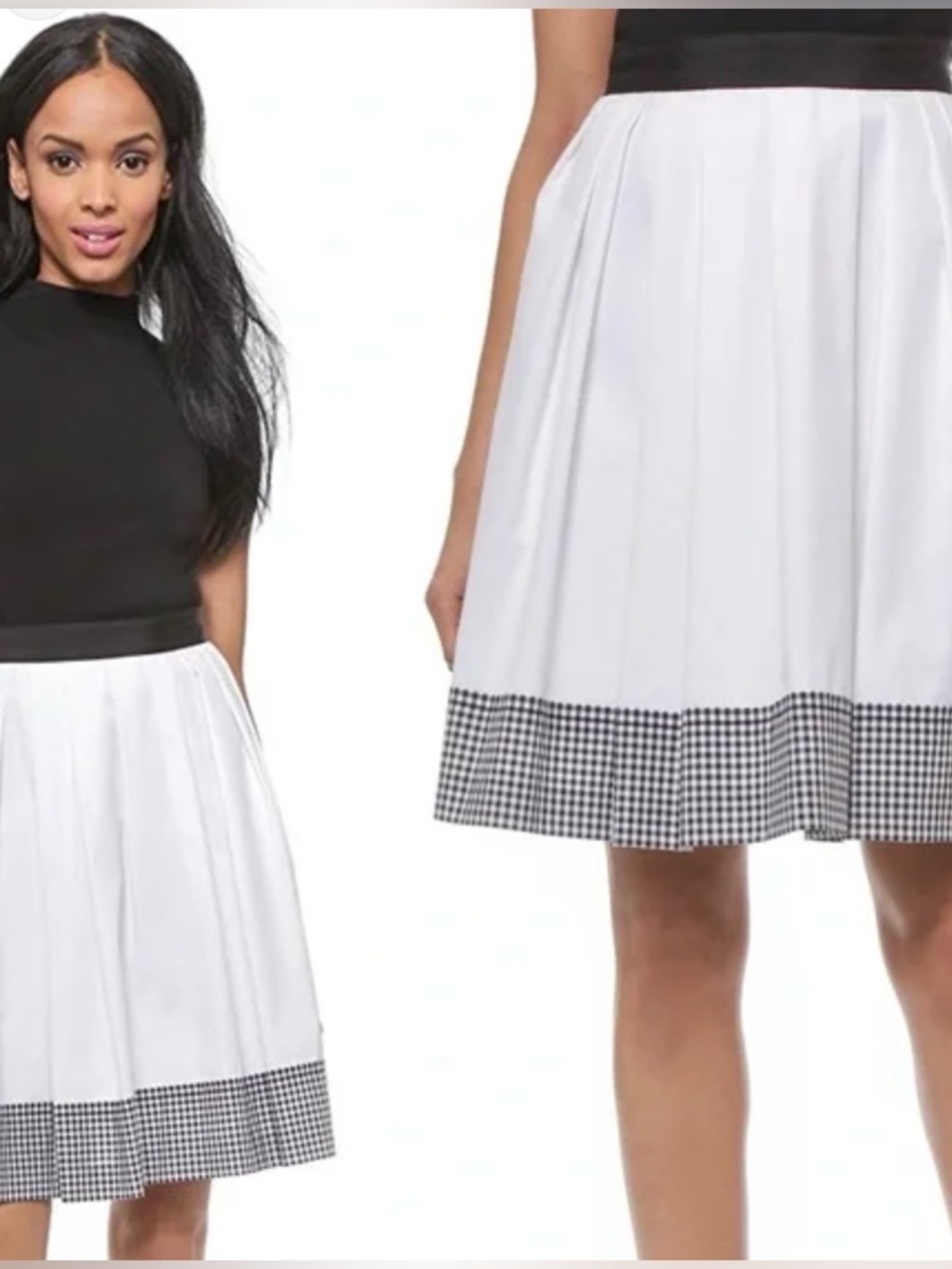 Diane von Furstenberg Black/White Dru Gingham-Trim Skirt knee length Size 6 NWOT